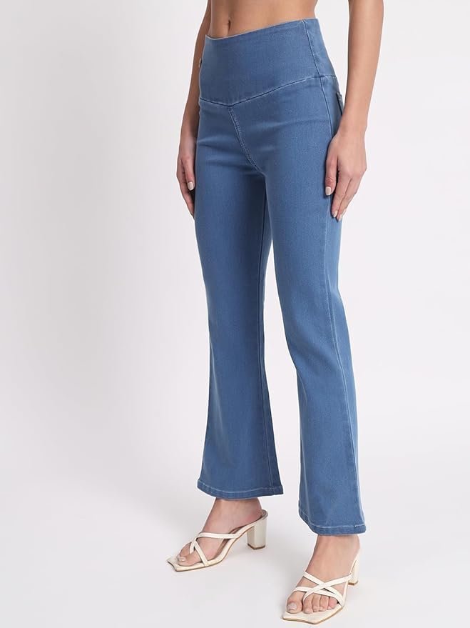 AngelFab Denim Boot Cut Fit Stretchable High Waist Elastic Closer Solid Jeggings for Women - Image 5