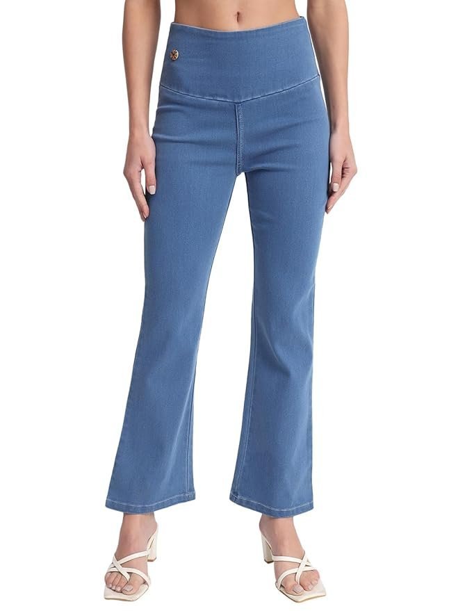AngelFab Denim Boot Cut Fit Stretchable High Waist Elastic Closer Solid Jeggings for Women