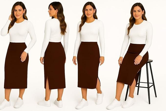 Women's Elastic Waist Pencil Bodycon Midi Skirt - Women's Imported Stretchable Skirt Elastic Waist Stretch Bodycon with Calf Length - Image 3