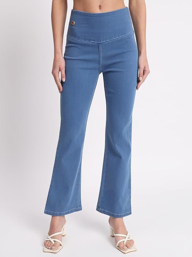 AngelFab Denim Boot Cut Fit Stretchable High Waist Elastic Closer Solid Jeggings for Women - Image 6