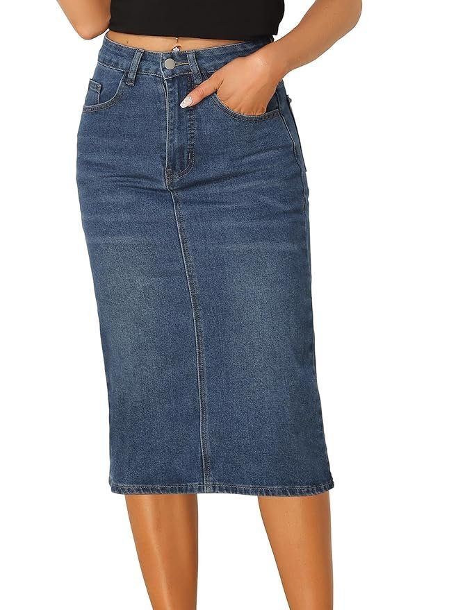 Casual Denim Skirt for Women's High Waist Split Back Pockets Midi Jean Skirts