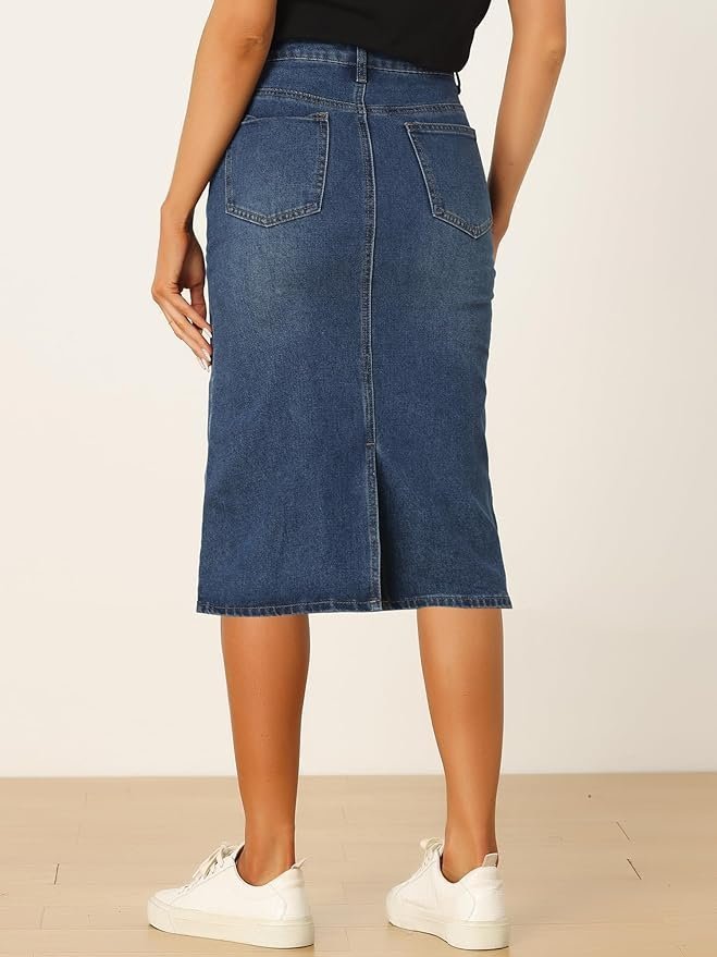 Casual Denim Skirt for Women's High Waist Split Back Pockets Midi Jean Skirts - Image 4
