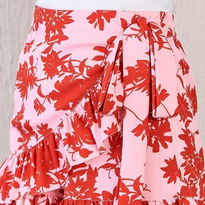 Women Floral Printed High-Rise Waist Tie-Up Ruffled Wrap Mini Skirts - Image 4