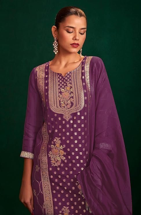 Janasya Women's Organza Jacquard Straight Kurta Set - Image 5