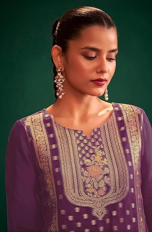 Janasya Women's Organza Jacquard Straight Kurta Set - Image 4