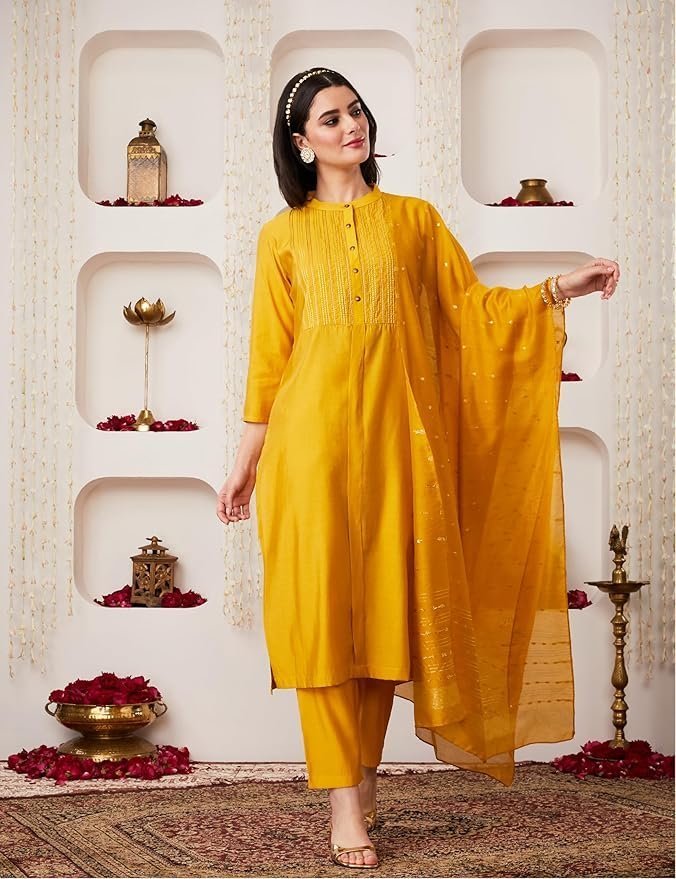 Women's Embroidered Kurta Pant Set with Dupatta - Image 3