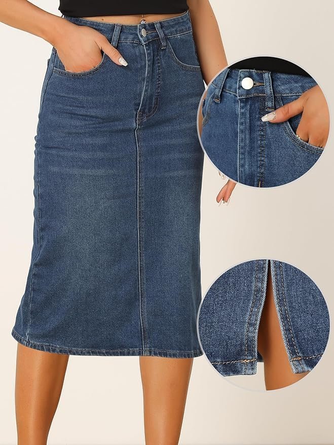 Casual Denim Skirt for Women's High Waist Split Back Pockets Midi Jean Skirts - Image 5
