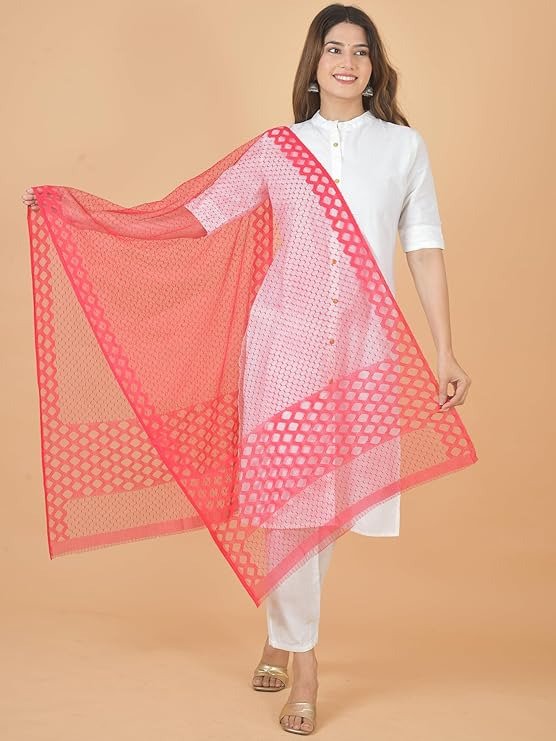 NAKODA Dupatta for Women and Girls 100% Netted Self Print Design